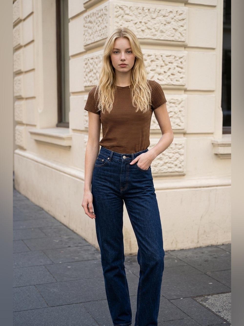 & Other Stories Brown Striped Short Sleeve Tee